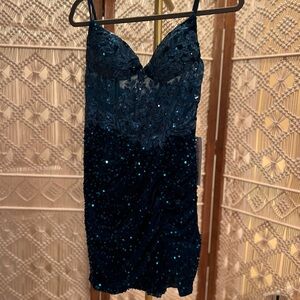Teal Lace Velvet Sequin Dress